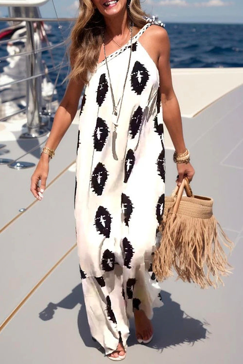 Rosiedress Tie Knot One Shoulder Boho Printed Maxi Vacation Dress White