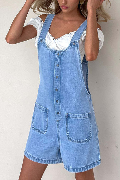 Button Up Pocketed Denim Romper