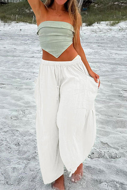 Drawstring Waist Pockets Wide Leg Cotton Linen Pants White