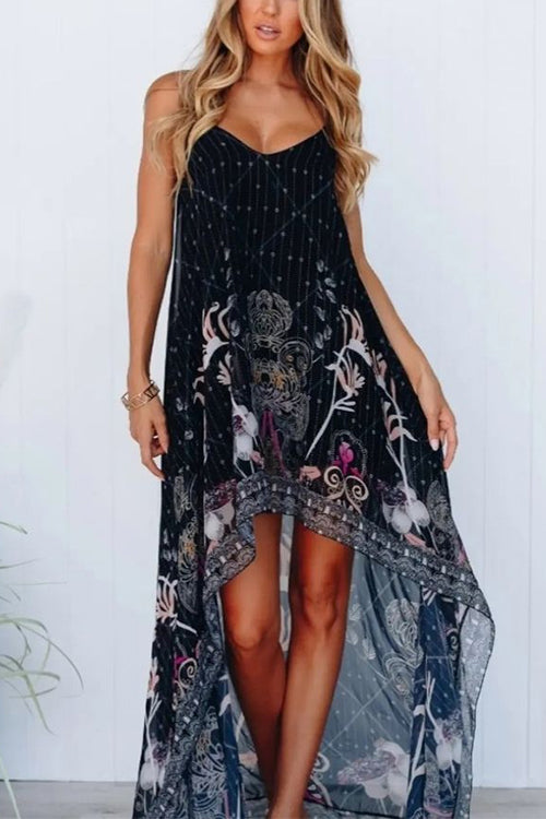 Spaghetti Strap High Low Hem Printed Maxi Swing Dress