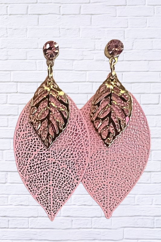 Pink & Gold Leaf Drop Earrings – Nature-Inspired Elegance