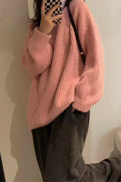 Round Neck Solid Slouchy Waffle Knit Sweater Pink S M