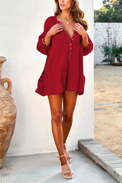 Rosiedress Solid Button Down Shorts Romper with Pockets Burgundy