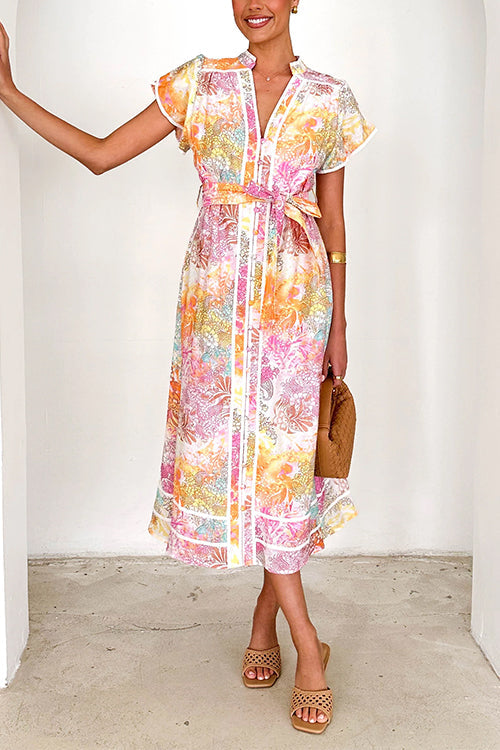 Bedrucktes Midi-Hemdkleid mit V-Ausschnitt, Knopfleiste und Bindegürtel