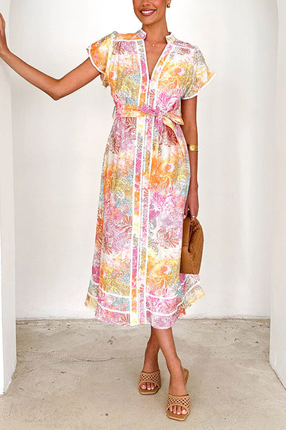 Bedrucktes Midi-Hemdkleid mit V-Ausschnitt, Knopfleiste und Bindegürtel