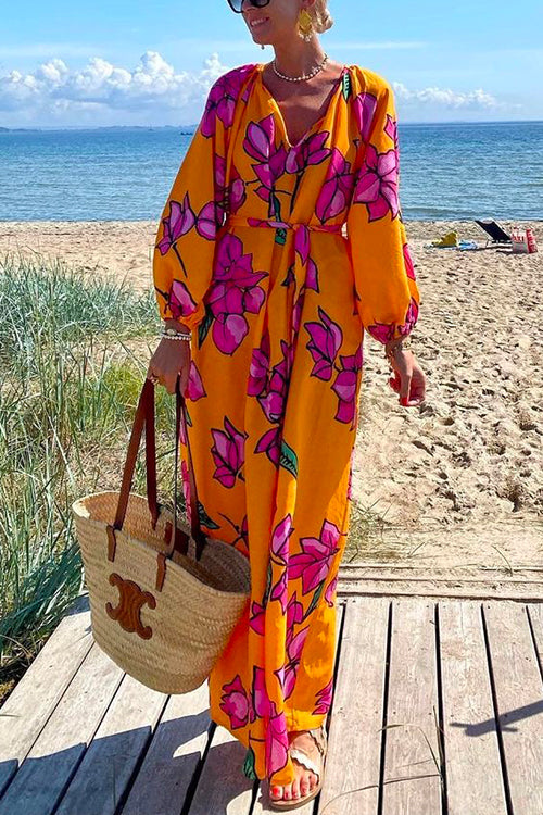 Rosiedress V Neck Long Sleeves Tie Waist Floral Maxi Holiday Dress Orange