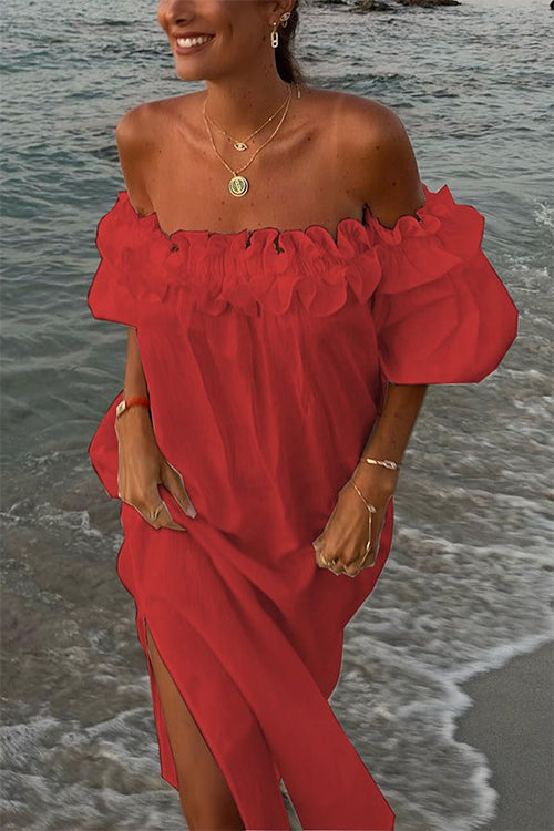 Off Shoulder Ruffle Trim Slit Cotton Linen Maxi Vacation Dress Red