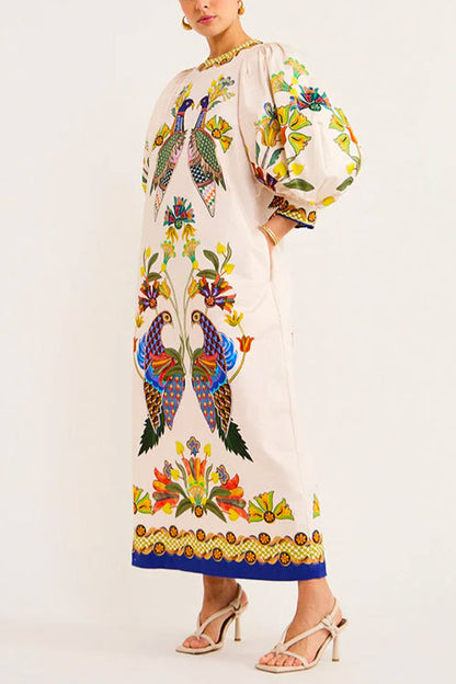 Rosiedress 3/4 Puff Sleeves Back Slit Birdie Printed Maxi Dress