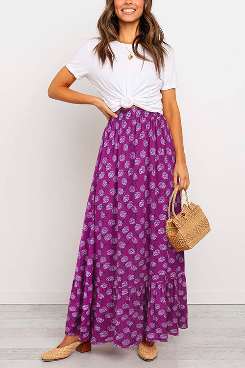 Rosiedress High Waist Bohemia Printed Maxi Ruffle Beach Skirt Purple