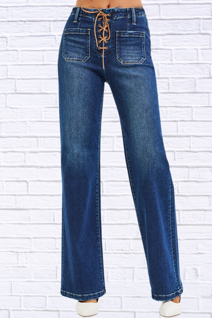 RISEN Full Size High Rise Wide Leg Jeans with Front Tie Detail Plus Size