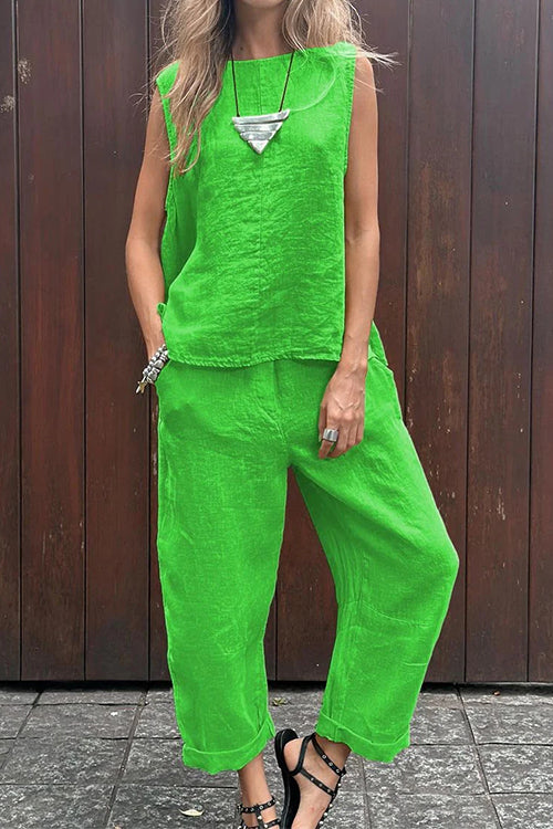 Casual Sleeveless Pullover Top Wide Leg Pants Cotton Linen Set Green
