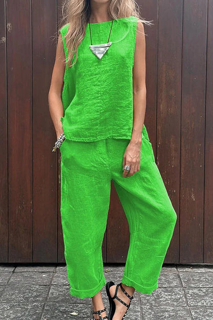 Casual Sleeveless Pullover Top Wide Leg Pants Cotton Linen Set Green