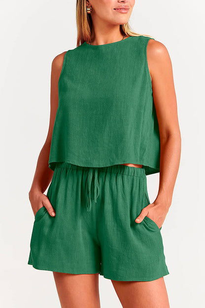 Solid Crewneck Crop Tank Top Drawstring Waist Shorts Set Green