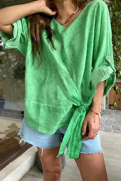 Rolled Up Sleeves Tie Knot Loose Top Green