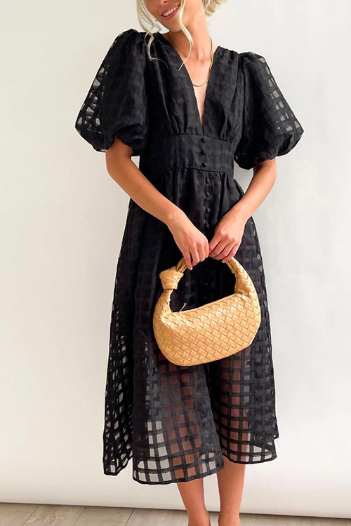 V Neck Lantern Sleeve Waisted A-line Dress Black