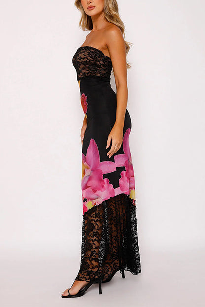 Rosiedress Strapless Lace Splice Floral Print Maxi Dress