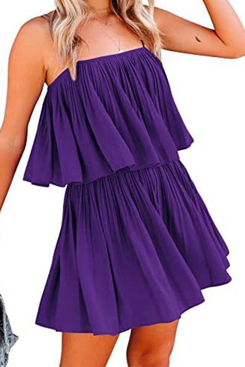 Rosiedress Solid Waisted Ruffle Pleated Cami Shorts Romper DarkPurple