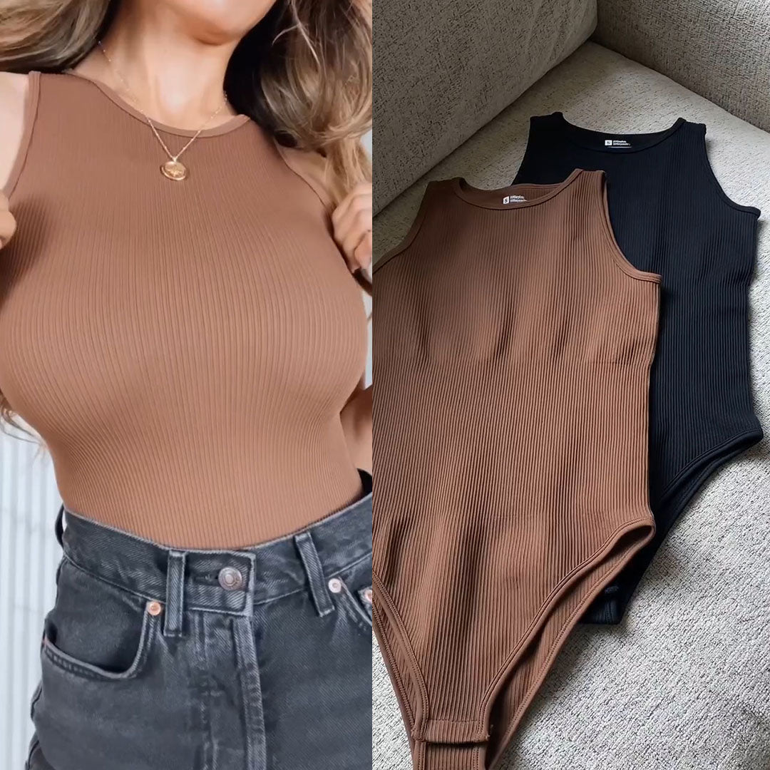 Sleeveless Stretchy Triangle Swim Inspired Bodysuit Coffee