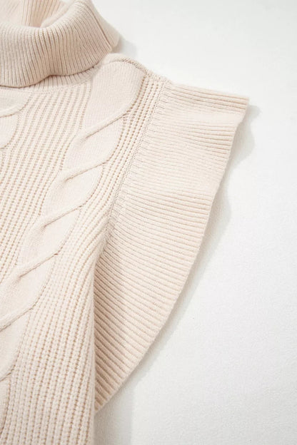 Cable Knit Turtleneck Ruffled Short Sleeve Sweater
