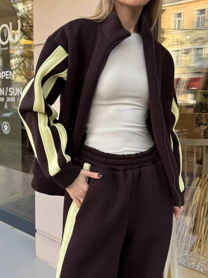 Contrast Striped Zip Up Top and Pants Set