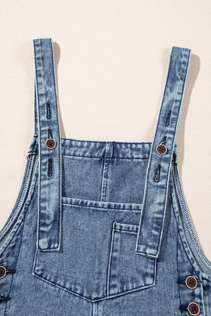 Blue Zone Planet | Stone Blue Distressed Bib Pocket Wide Leg Denim Overall