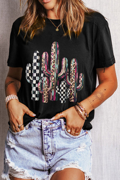 Black Mixed Pattern Cactus Graphic Print Relaxed T-Shirt