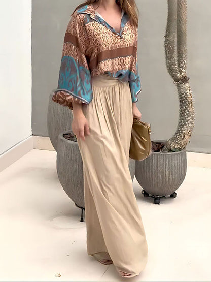 Vintage Prints Top Wide-leg Pants Suit