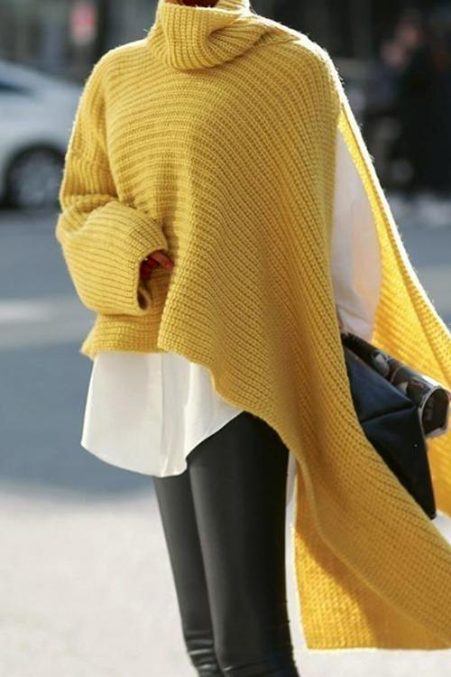 Turtleneck Asymmetric Slit Sleeve Ribbed Knit Sweater Yellow