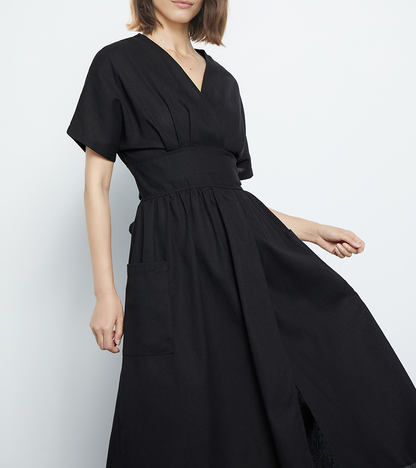 Women's Fashion V Neck Belted High Waist Short Sleeves Linen Dress