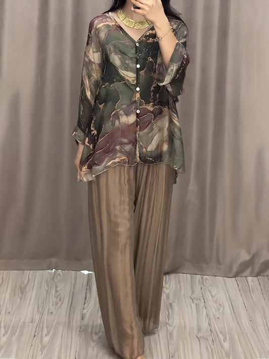 Baroque Style Printed Shirt Wide-leg Pant Suit