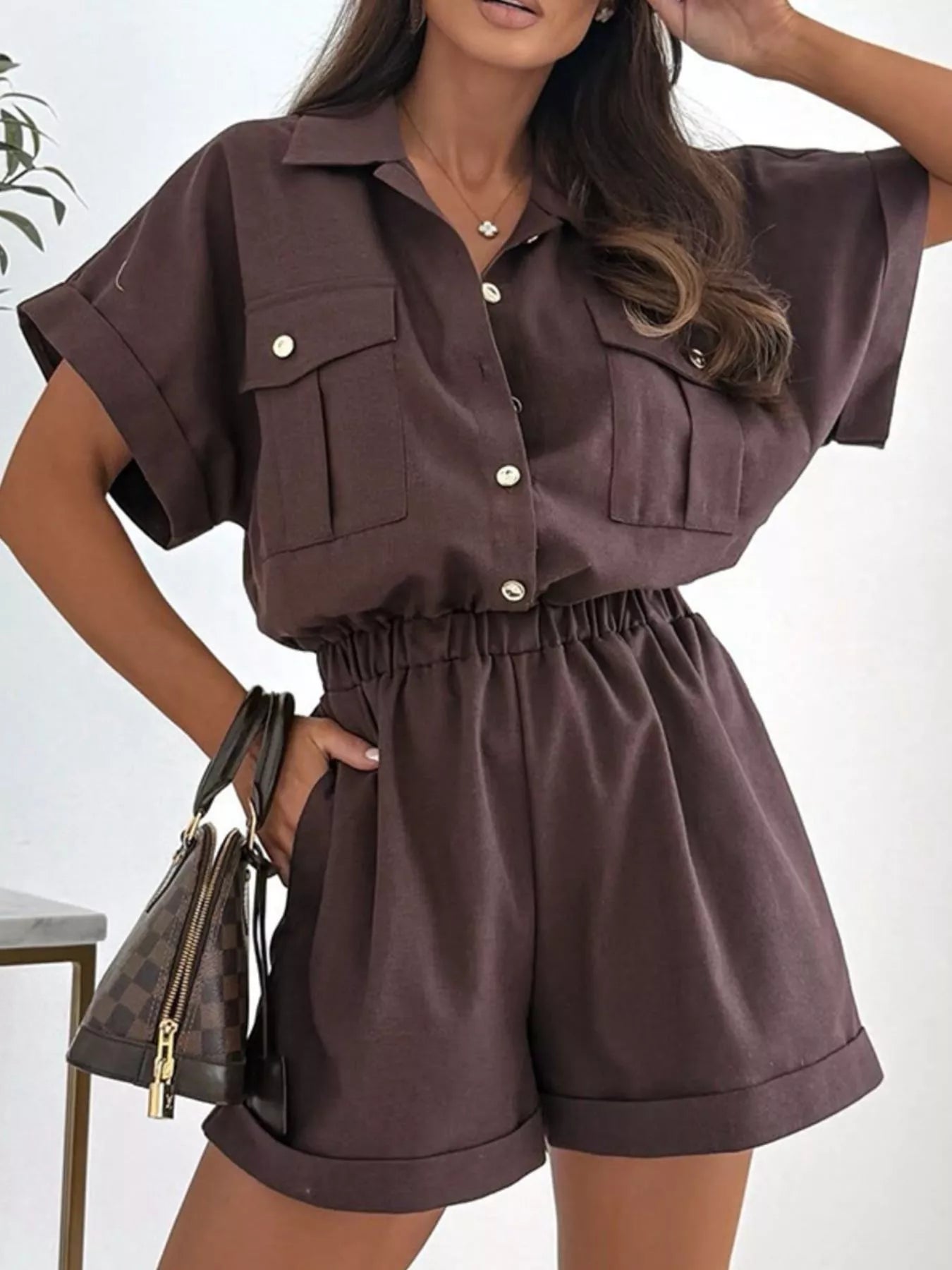 Button Front Short Sleeve Shirt and Shorts Set