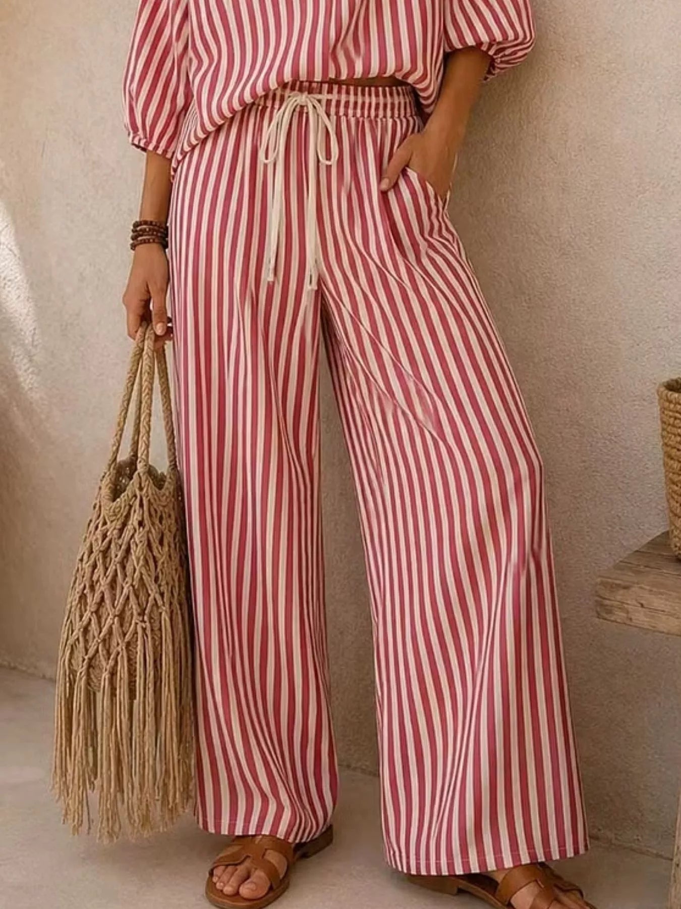 : Plus Size Striped Puff Sleeve Shirt & Wide-Leg Pants Set