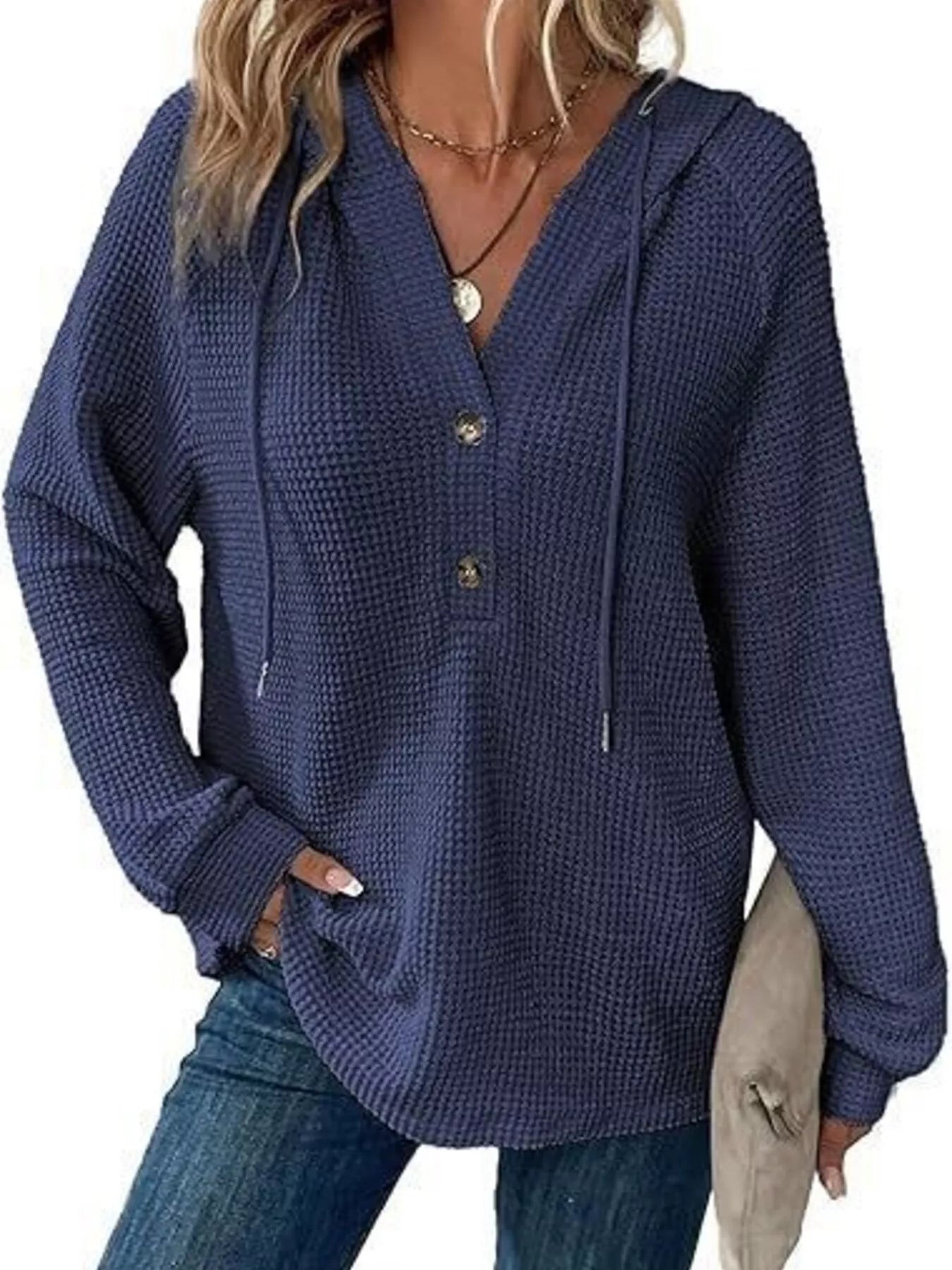 Full Size Waffle Knit Half-Button Hoodie Plus Size