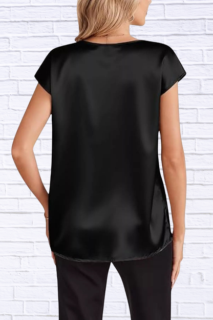 Satin V-Neck Short Sleeve Blouse