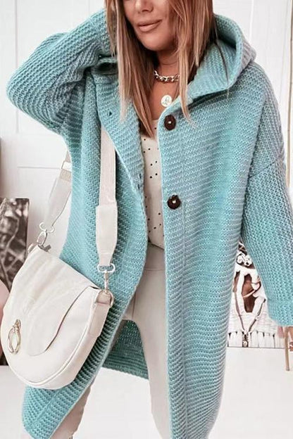 Solid Drop Shoulder Hoodied Knitting Cardigan Green