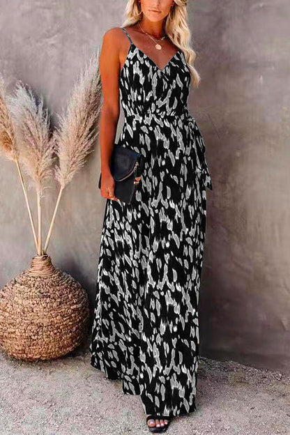 Wrap V Neck Tie Waist Printed Flowy Maxi Cami Dress Gray
