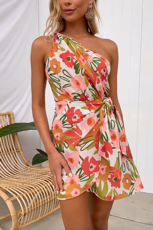 One Shoulder Wrapped Tie Waist Floral Printed Mini Dress