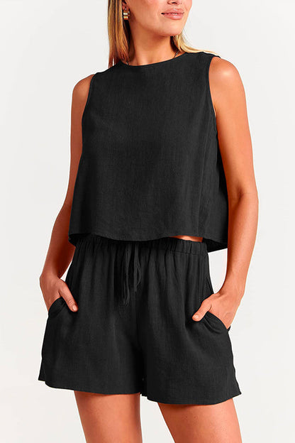 Solid Crewneck Crop Tank Top Drawstring Waist Shorts Set Black