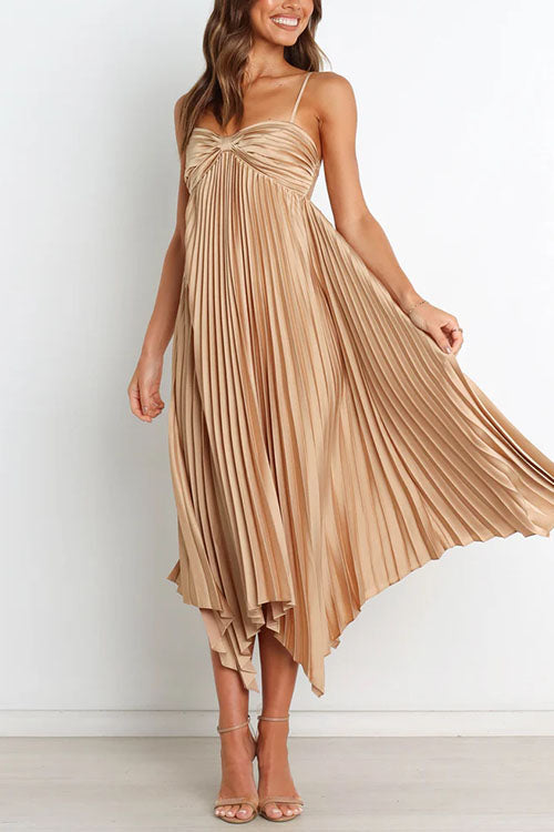 Rosiedress Spaghetti Strap Irregular Hem Pleated Swing Midi Dress