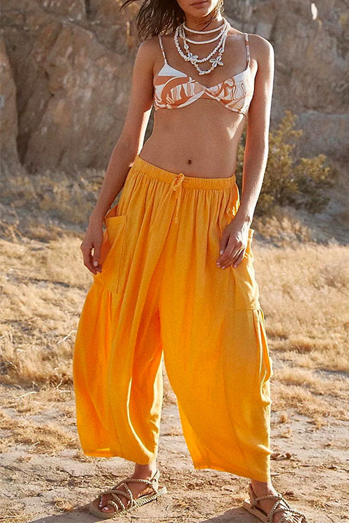 Drawstring Waist Pockets Wide Leg Cotton Linen Pants Yellow