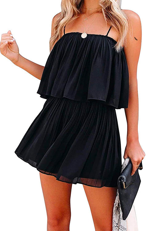 Rosiedress Solid Waisted Ruffle Pleated Cami Shorts Romper Black