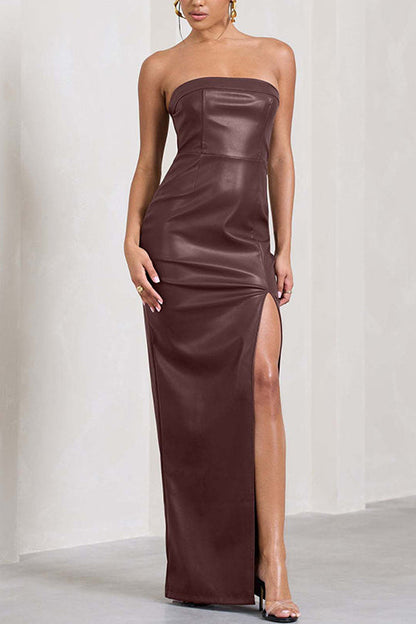 Rosiedress Strapless High Slit Faux Leather Bodycon Maxi Dress