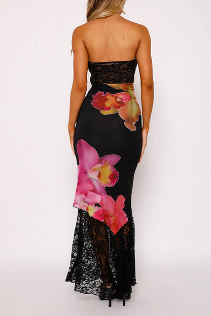 Rosiedress Strapless Lace Splice Floral Print Maxi Dress