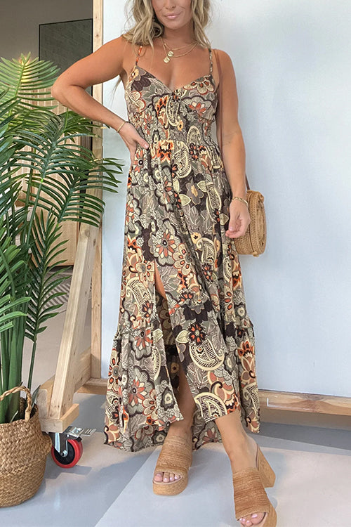 Rosiedress V Neck Back Lace-up Slit Floral Print Maxi Cami Dress Floral