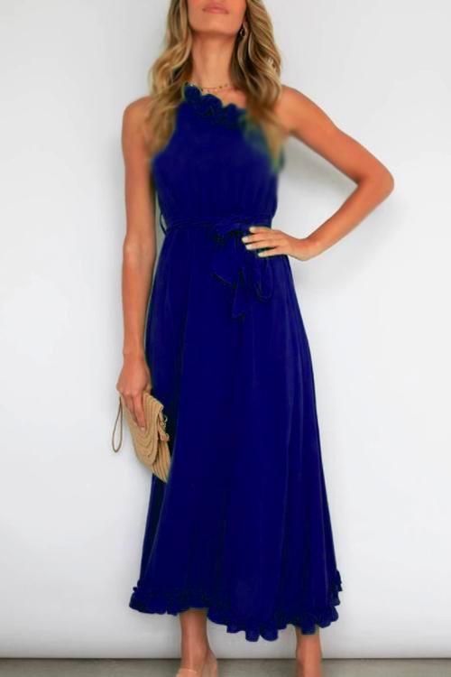 Rosiedress One Shoulder Sleeveless Tie Waist Ruffle Swing Dress Blue