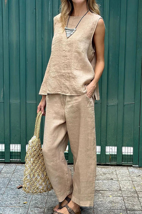 Casual Sleeveless Pullover Top Wide Leg Pants Cotton Linen Set Khaki