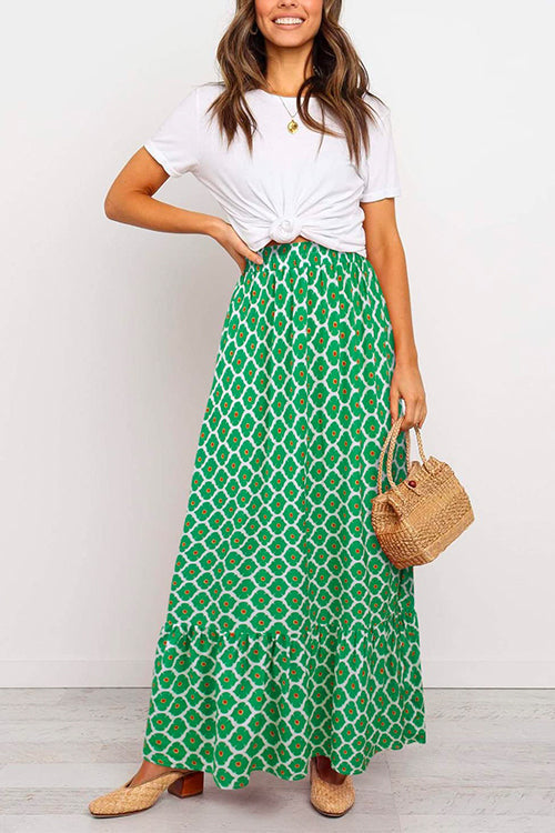 Rosiedress High Waist Bohemia Printed Maxi Ruffle Beach Skirt LightGreen