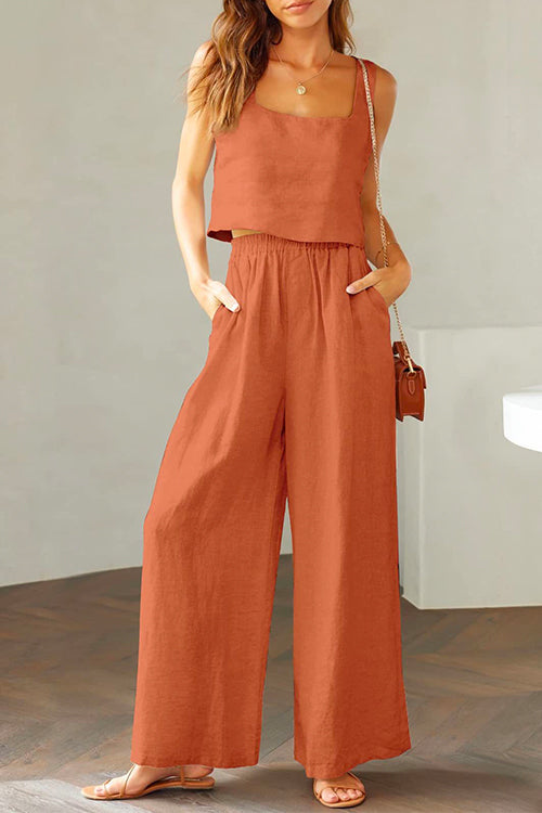 Square Collar Cami Crop Top Wide Leg Pants Cotton Linen Set Orange
