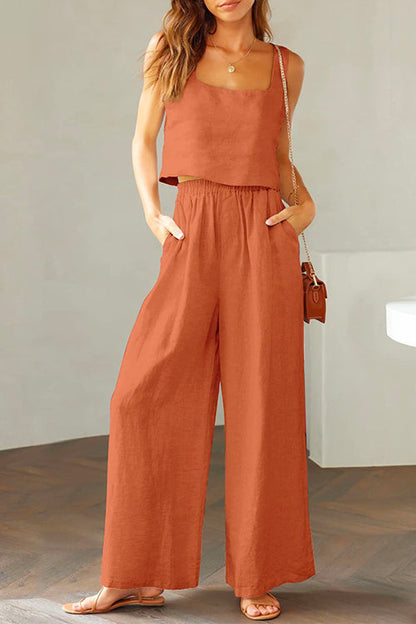 Rosiedress Square Collar Cami Crop Top Wide Leg Pants Cotton Linen Set Orange