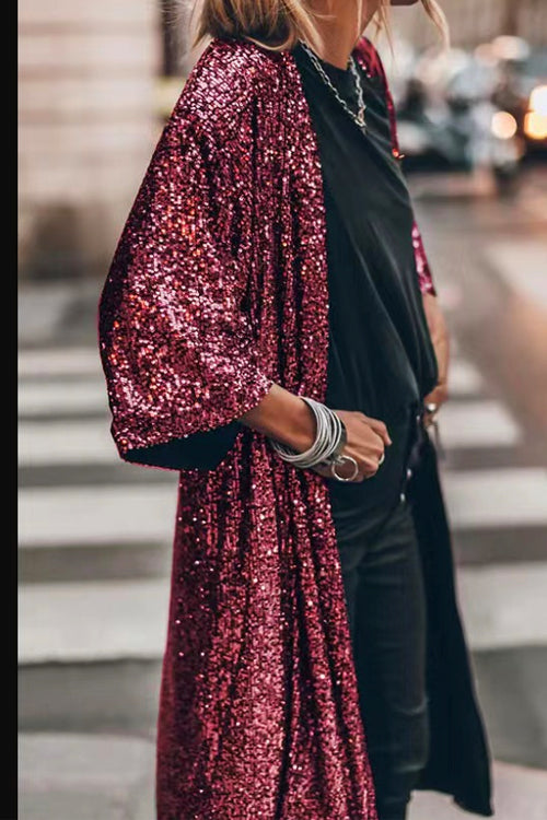 3/4 Sleeves Open Front Sequin Shinny Midi Cardigan Burgundy